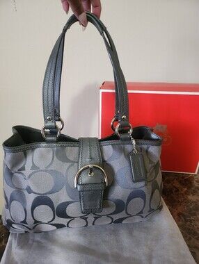 Coach Gray Signature Canvas Shoulder Bag with Leather Trim EUC